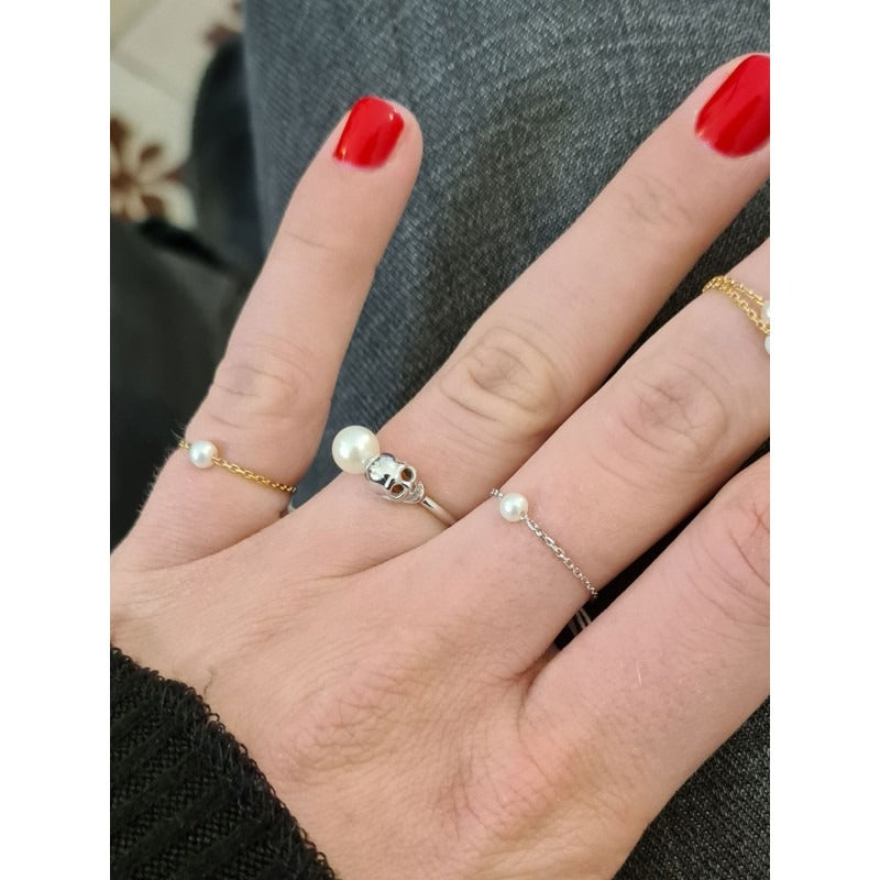 Bague Kiss Skull Perle Blanche Or Blanc 18K