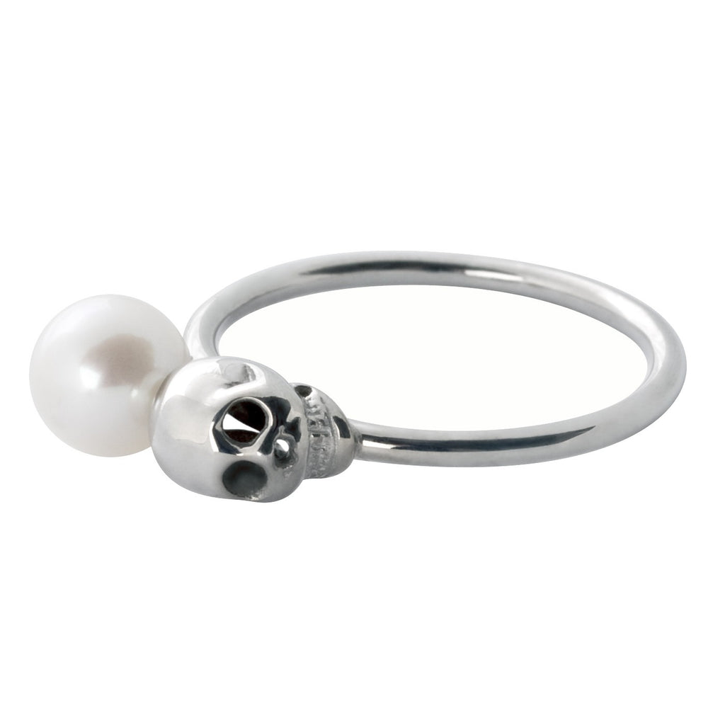 Bague Kiss Skull Perle Blanche Or Blanc 18K